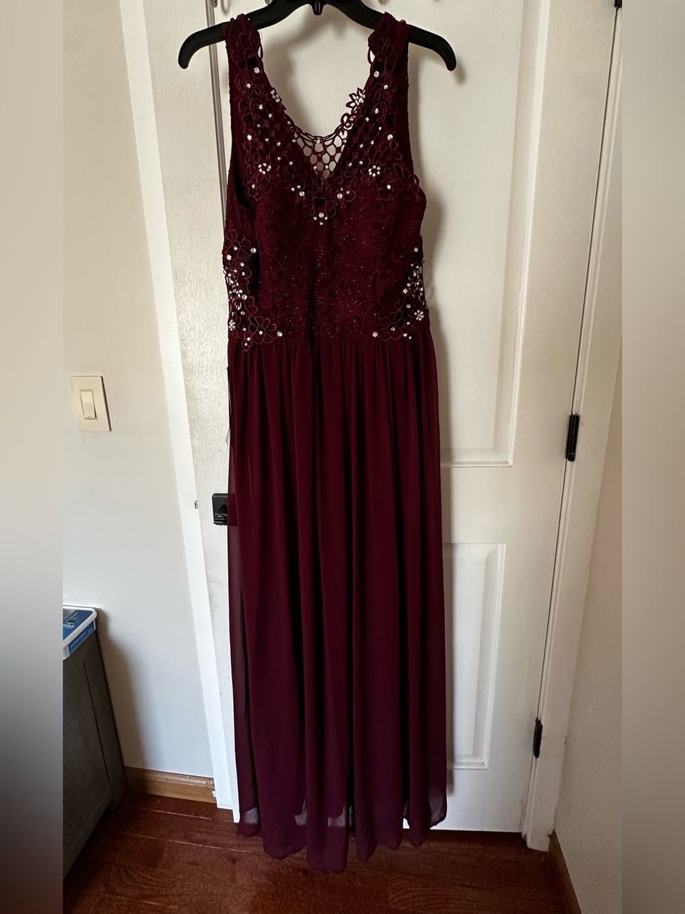 City Triangles Burgundy Lace Appliqué Maxi Dress